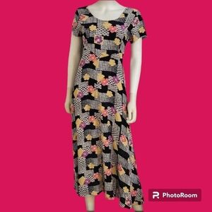 Vtg STARINA 1990s Mixed Pattern Floral Patchwork Lace-up Maxi Prairie Dress